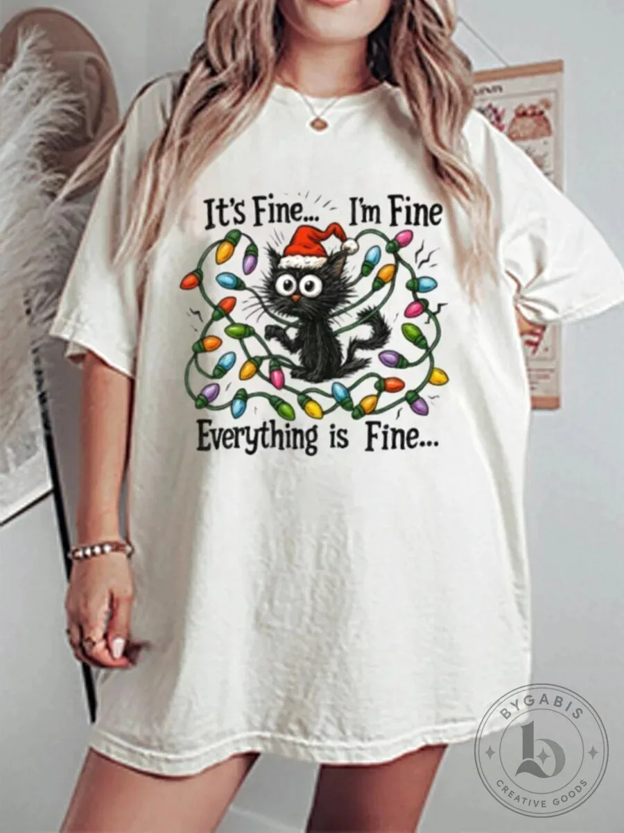 Funny Christmas Cat Tangled in Lights It's Fine Everything is Fine T-Shirt