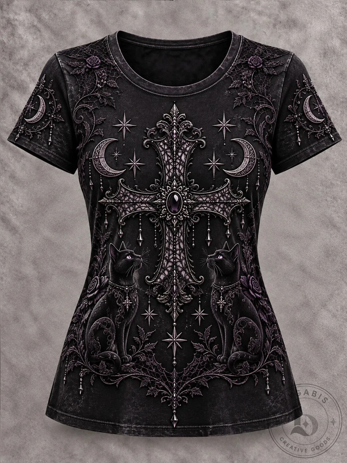 Gothic Black Cats and Crescent Moons Mystical Cross Halloween T-Shirt