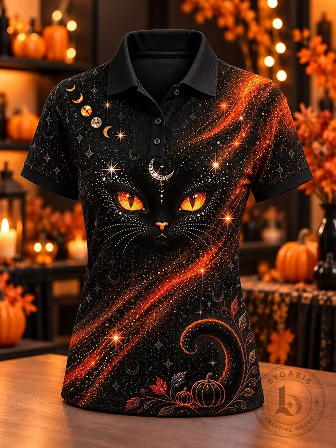 Mystical Black Cat Halloween Glitter Stars Moon Phases Women's Polo Shirt