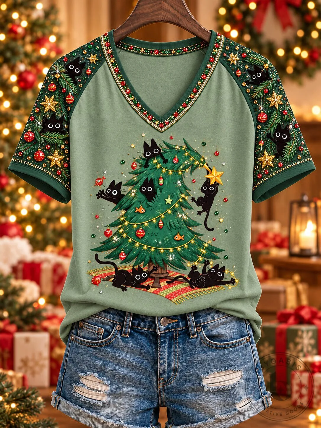 Black Cat Christmas Tree Holiday Raglan Sleeve V-Neck T-Shirt for Women