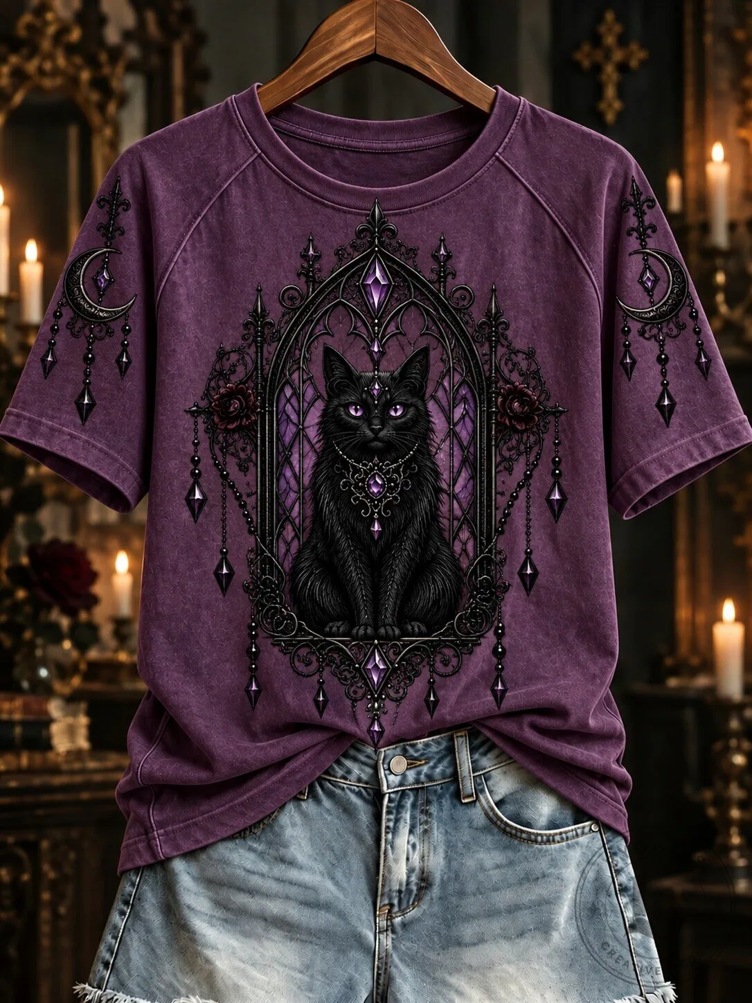 Gothic Black Cat Halloween T-Shirt for Women, Mystical Purple Cat Lover Tee