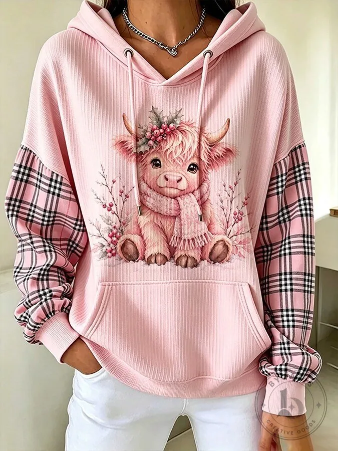 Pink Highland Cow with Plaid Sleeves Women's Pullover Hoodie